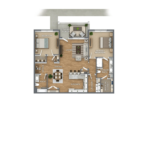 A floor plan of a house with a living room, dining room, kitchen, and two bedrooms.
